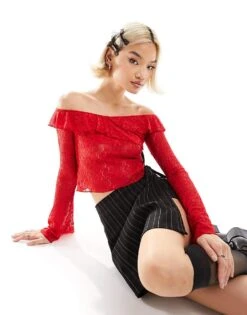 Motel Off-shoulder Lace Long Sleeve Top In Red For Women