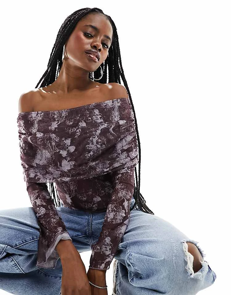 Motel Midnight Floral Mesh Long Sleeve Fold Over Bandeau Top In Purple For Women - Image 5