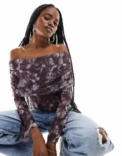 Motel Midnight Floral Mesh Long Sleeve Fold Over Bandeau Top In Purple For Women