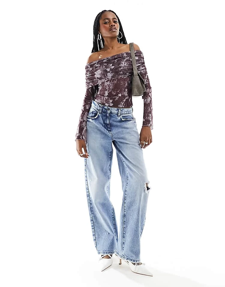 Motel Midnight Floral Mesh Long Sleeve Fold Over Bandeau Top In Purple For Women - Image 2