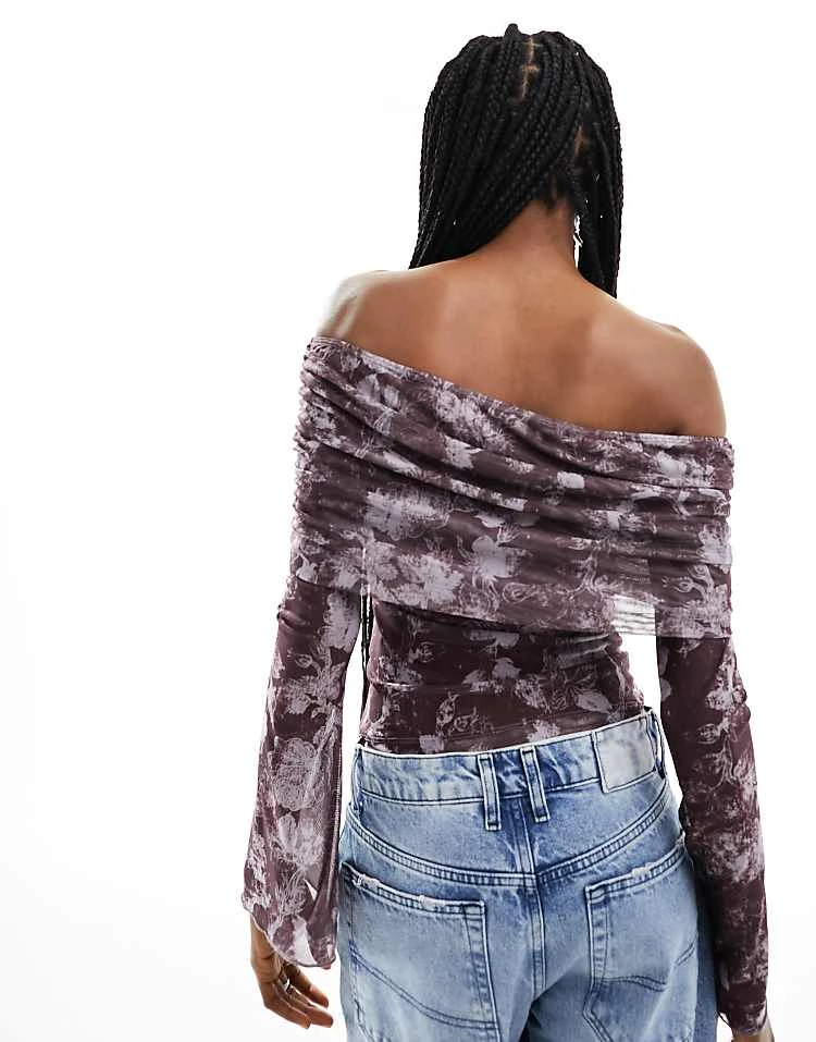 Motel Midnight Floral Mesh Long Sleeve Fold Over Bandeau Top In Purple For Women - Image 3