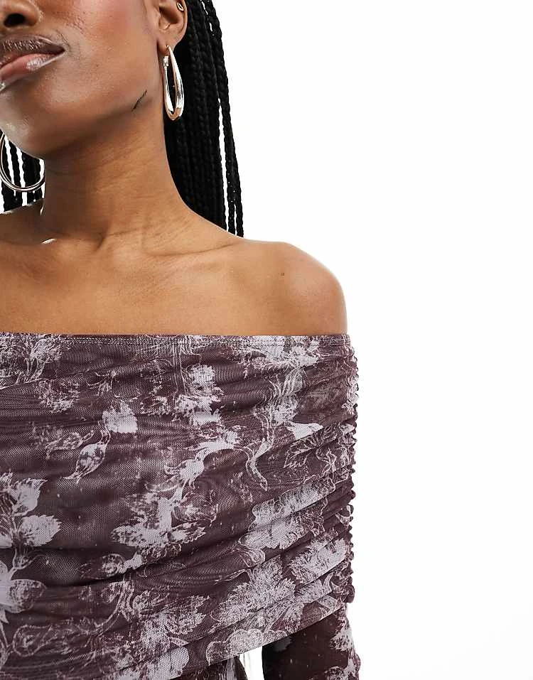 Motel Midnight Floral Mesh Long Sleeve Fold Over Bandeau Top In Purple For Women - Image 4