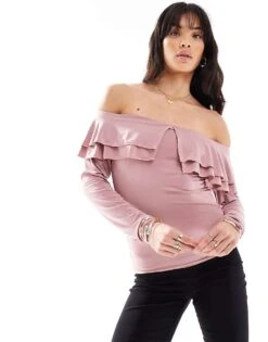 Motel Ruffle Off Shoulder Slinky Long Sleeve Top In Pink For Women