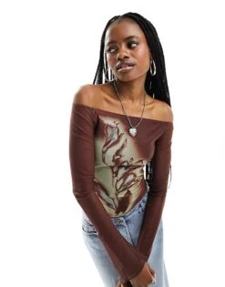 Motel Flower Print Mesh Long Sleeve Off Shoulder Top In Rust For Women Rusty Brown