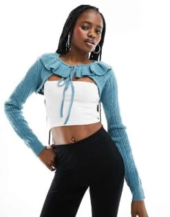 Motel Ruffle Pointelle Knitted Shrug In Duck Egg Blue For Women