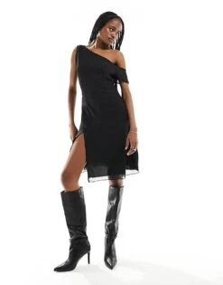 Motel Asymmetric One Shoulder Mesh Knee Length Dress In Black For Women