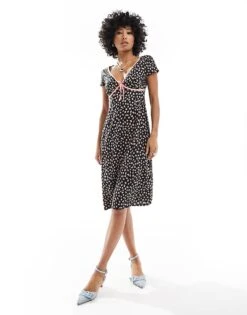 Motel Ditsy Floral Bow Detail Midi Dress In Pink And Black For Women Red Rose Ditsy Black