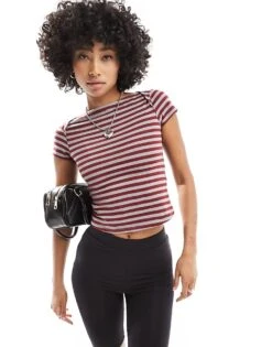 Motel Striped Baby Tee In Burgundy And Grey For Women Stripe Mulberry Grey