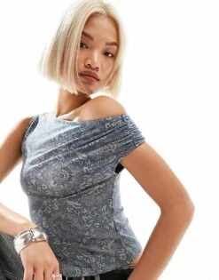 Motel Ornate Print One Shoulder Top In Blue For Women Ornate Print Blue