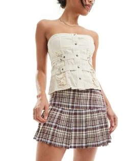 Motel Check Print Mini Pleated Skirt In Multi For Women Brown/red Check