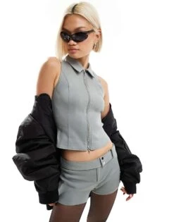 Motel Zip Through Sleeveless Top Co-ord In Light Grey For Women