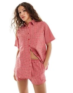 Motel Oversized Smith Beach Shirt Co-ord In Red Gingham For Women