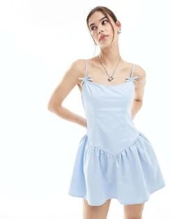 Motel Bow Detail Lace Trim Mini Dress In Powder Blue For Women