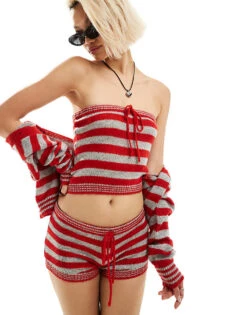 Motel Bold Stripe Micro Knitted Shorts In Red And Grey For Women Red/grey Stripe