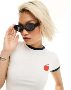 Motel Apple Motif Ringer Baby T-shirt In White For Women White/navy