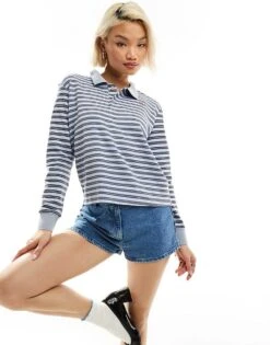 Motel Striped Cropped Rugby Top In Blue And Grey For Women Blue Grey Stripe