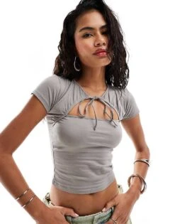 Motel Tie-detail Cap Sleeve Cropped T-shirt In Light Grey For Women Elephant Grey