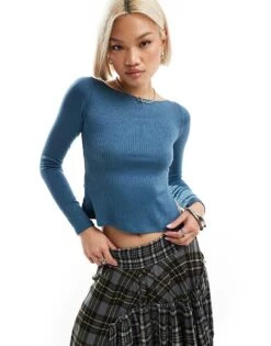 Motel Split Hem Ribbed Long Sleeve Top In Slate Blue For Women