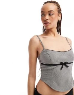 Motel Bow Detail Checked Cami Top In Grey For Women Multi Check Grey