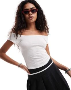 Motel Charya Sheer Off-shoulder T-shirt In White For Women