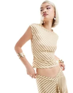 Motel Nova Striped Slash Neck Top In Yellow For Women Slinky Diag Stripe