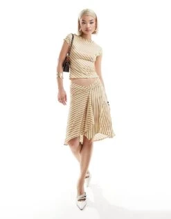 Motel Esmeray Striped Asymmetric Midi Skirt In Yellow For Women Slinky Diag Stripe