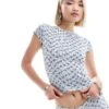 Motel Zagy Ribbed Floral Baby Tee Co-ord In Blue For Women Blue Floral Stripe