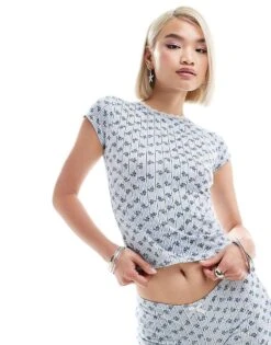 Motel Zagy Ribbed Floral Baby Tee Co-ord In Blue For Women Blue Floral Stripe