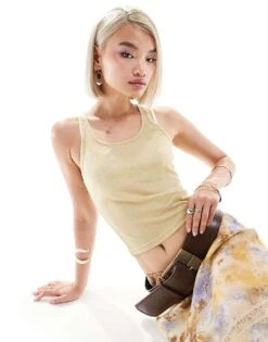 Motel Umika Scoop Neck Shimmer Vest In Lime For Women Yellow Shimmer