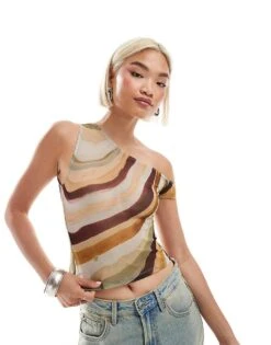Motel Sohan Off-shoulder Mesh Top In Wiggle Sunset Print For Women