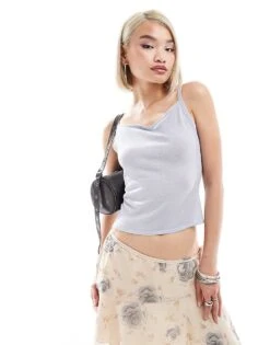 Motel Raiya Shimmer Cami Vest Top In Ice Blue For Women Baby Blue