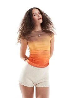 Motel Bastille Sunset Ombre Mesh Baby Tee In Multi For Women Sunset Orange