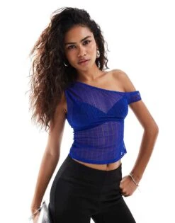 Motel Sohan Off-shoulder Knit Effect Top In Cobalt Blue For Women