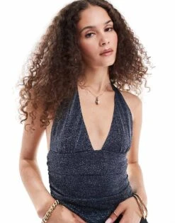 Motel Cosimo Deep V Halter Top In Midnight Shimmer For Women