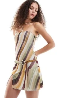 Motel Kevsra Belted Bandeau Mesh Mini Dress In Wiggle Sunset For Women