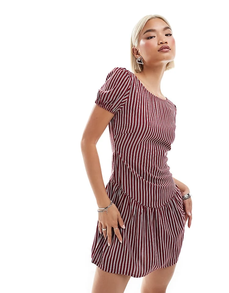 Motel Exclusive Jemima Puff Sleeve Striped Mini Dress In Burgundy And Blue For Women Burgundy/blue