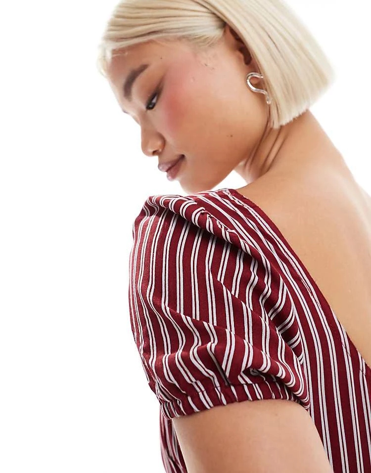 Motel Exclusive Jemima Puff Sleeve Striped Mini Dress In Burgundy And Blue For Women Burgundy/blue - Image 2