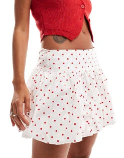 Motel Exclusive Kiyowo Puffball Mini Skirt In Polka Dot For Women White Red Polka Dot