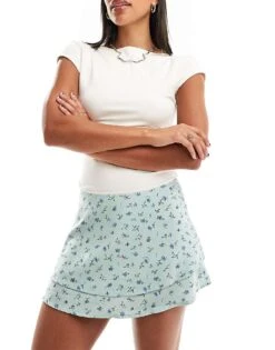 Motel Exclusive Luiso Tiered Ditsy Print Mini Skirt In Pale Blue For Women Pretty Petal Green