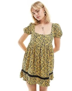 Motel Exclusive Beling Mini Bloom Floral Puff Sleeve Smock Dress In Yellow For Women Mini Bloom Yellow