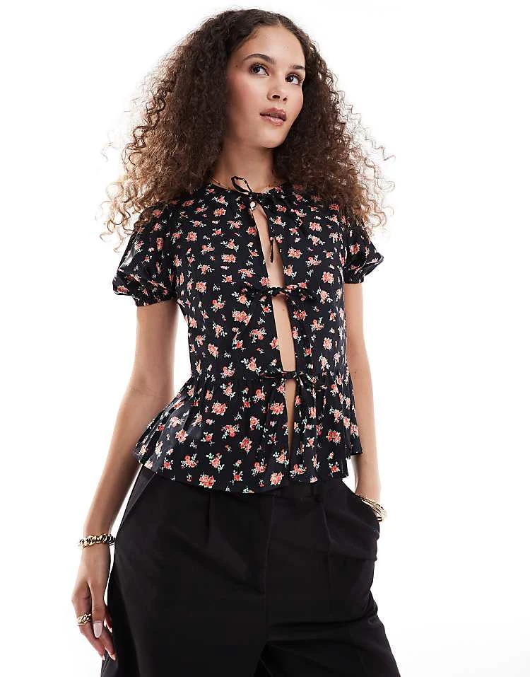 Motel Exclusive Ajasi Rose Print Tie Detail Blouse In Black For Women Bronze Rose