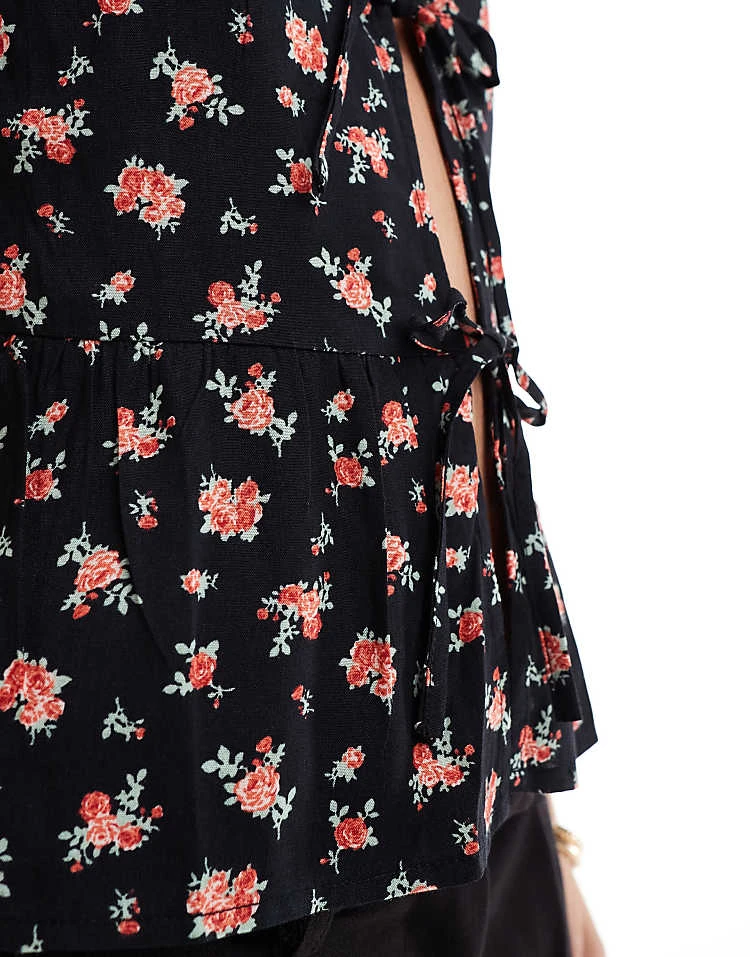 Motel Exclusive Ajasi Rose Print Tie Detail Blouse In Black For Women Bronze Rose - Image 4