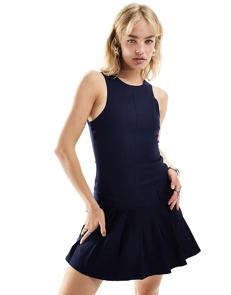 Motel Ayosa Open Back Mini Kilt Dress In Navy For Women - Image 2