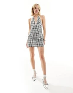 Motel Corla Floral Gingham Halter Mini Dress In Black For Women Black Gingham