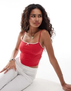 Motel Suna Bow Detail Vest Top In Red For Women