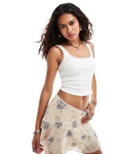 Motel Carillo Lace Trim Ribbed Vest In White For Women