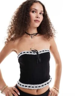 Motel Karida Lace Edge Corset Top In Black For Women