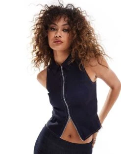 Motel Janae Zip Through Denim Vest Top In Deep Indigo For Women Chambray Denim 68