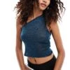 Motel Evelina Shimmer One-shoulder Top In Navy For Women Ocean Shimmer 7490