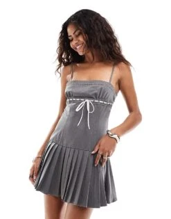 Motel Wimala Ribbon Detail Cami Dress In Charcoal Grey For Women